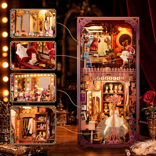 fifijoy Theatre Dressing Room DIY Book Nook Kit - DIY Miniature Dollhouse Book Nook Kit, Classic Theater 3D Wooden Puzzle Model Bookshelf Insert Decor, Gift for Craft Lovers (with Yellow Light) - color: Brown