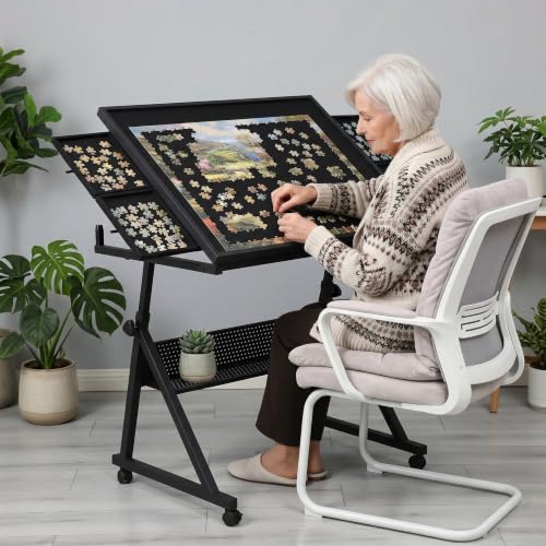 1500 Piece Jigsaw Puzzle Table with Wheels, Adjustable Height & Tilt Angle - color: Black-o