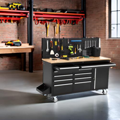 61-Inch Rolling Tool Chest with 10 Drawers & Power Strip, Solid Rubber Wood Top, 1675 LBS Load Heavy Duty Mobile Workstation, Locking System and Drawer Liners for Garage Warehouse Shop, Black - size: 61 Inch Black