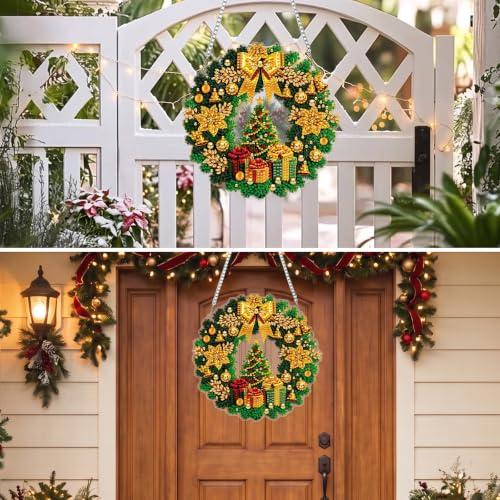MXJSUA Christmas Tree Wreath Hanging Diamond Art Kits for Adults, Xmas Diamond Art Window Suncatcher Pendant Kits, DIY Special Shaped Crystal Diamond Ornaments Painting Accessories for Decor Gift - color: Christmas Tree Wreath