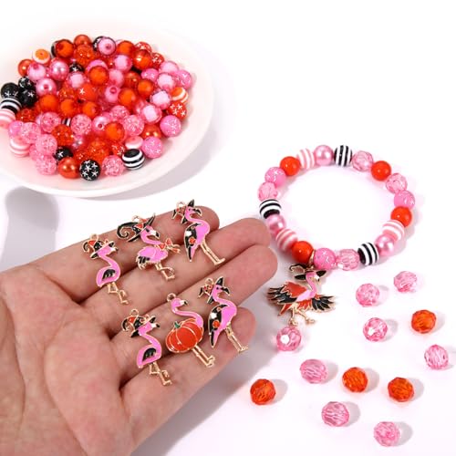 Halloween Flamingo Friendship Bracelet Kit Orange Black Pink Flamingo Heishi Letter Pony Spacer Beads Assorted Animal Tropical Bird Pendants for DIY Hawaii Party Bracelet Necklace Earrings Jewelry - color: Orange Black Pink