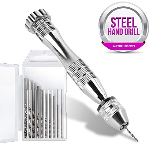 LEOBRO Hand Drill, Steel Pin Vise with 10 PCS Small Drill Bits (0.8 mm-3 mm), for Resin, Wood, Clay, DIY Crafts Keychains Jewelry Making - color: A-silver