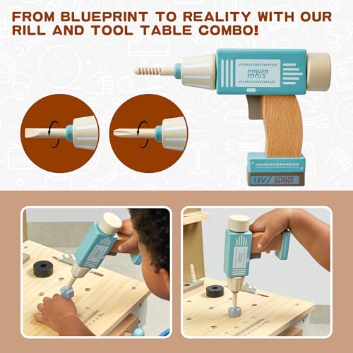 Kids Tool Set,Wooden Tools Bench with Apron Toddler Toy Workbench with Realistic Tools Electric Drill STEM Construction Toy Gifts for Age 3-9 Boys Girls - style: Wooden Tool Bench