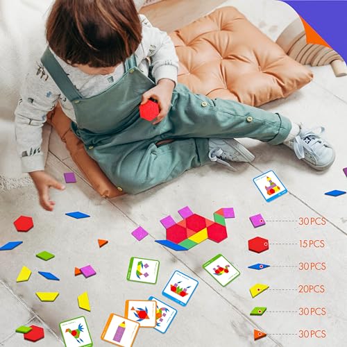 155 PCS Wooden Pattern Blocks Set, 24 Double-Sided Design Cards(48 Patterns) Geometric Shape Puzzle Fun Tangram Montessori Learning Toys for Kids Ages 4-8 (A Storage Bag & A Gift Box) - style: 155 Pcs Blocks Set