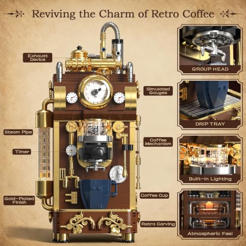 Vziimo Retro Coffee Machine Building Block Set, Vintage Espresso Maker Model Kit with Light for Home Office Decor, Creative Gifts for Adults Teens 14+ (1091PCS) - color: Retro Coffee Maker