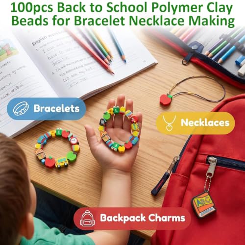 100Pcs Back to School Polymer Clay Beads for Jewelry Making DIY Crafts - color: back to school