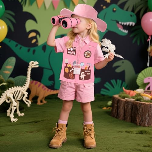 Kyson Kids Dinosaur Paleontologist Costume Explorer Hat Vest Zoo Keeper Outfit Accessories for Dino Jungle Safari Theme Party - color: Pink