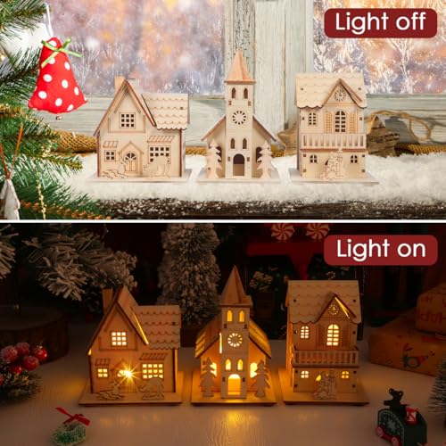 jojofuny 3pcs LED Light up Wooden Christmas House Village Decorations Unfinished Wood Xmas House DIY Wood Chalet Tree Ornaments Christmas Table Centerpieces