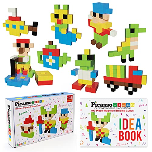 PicassoTiles 102pc Magnetic Puzzle Cube + Toys Carrying Case, 1" Pixel Mix & Match Cubes w/Free Idea Book Sensory Toys, Magnetic Tiles Construction Block Travel Bag, Waterproof Storage Organizer Box