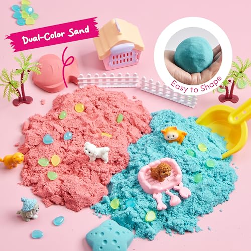 JOVA Klever Kits Cute Pet Sensory Bin for Kids with Glow in The Dark Stones, Sandbox with Lid Dual-Color Sand, Preschool Learning Activities Gifts for Boys Girls Age 3+ - style: Pet