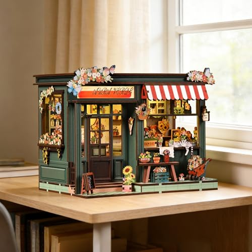 Book Nook Kit - DIY Miniature Dollhouse Kit with Furniture and LED Light, 3D Puzzle Wooden Art Bookends, Model Kits for Adults and Teens (Aura Verde Flower Room) - style: Garden