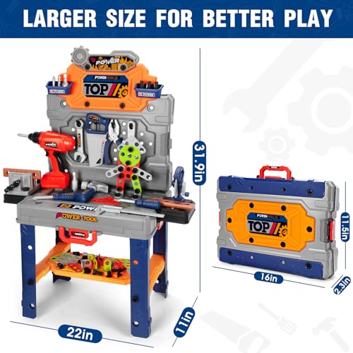 TooyBing Kids Tool Bench Set with Electric Drill and Realistic Tools, Construction Workbench Playset Toy for Toddler 3-5, Easy Set up, Kids Boy Toys, Birthday Gifts for Boys Age 3 4 5 Year Old - color: Orange