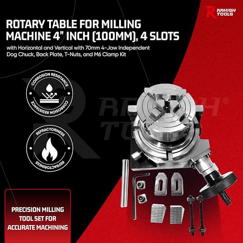 Rotary Table, Horizontal & Vertical, 70mm 4 Jaw Chuck & M6 Clamp Set, 4" - size: 4Inch Rotary + 70mm Chuck + M6 Clamp Kit