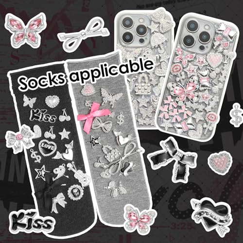 EIiovcnya 100 Pcs Big Junk Case Charms Kit for Phone Cases & Socks & Shoes - color: Pink-Silver-Black-Bling