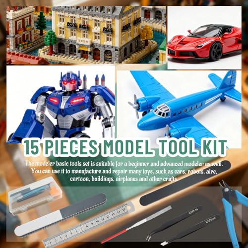 Bigstone 15 PCS Model Tools Kit Hobby Building Tools Craft Set Modeler Basic DIY Tools for Gundam Cars, Airplanes, Buildings, Robots Plastic Models Building Repairing and Fixing