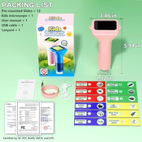 Odatay 1000X Digital Kids Microscope Kit with 12 Slides & 2" Screen, Pink - color: Pink