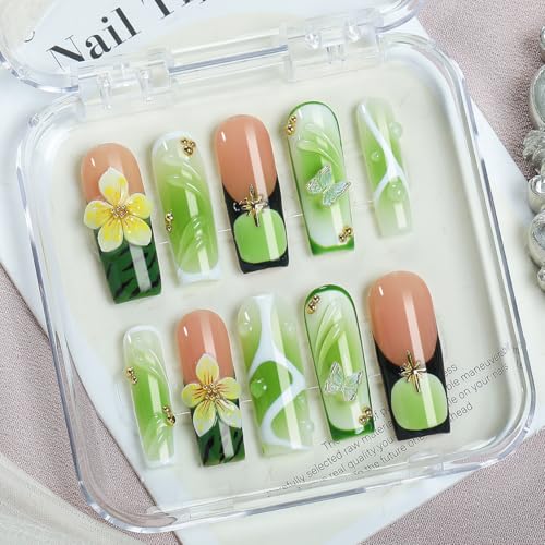 Green Jelly Acrylic Square Press-On Nails 10pcs, Handmade Gradient Glossy Tips with 3D Flower & Butterfly Art, And White Swirl Design Full Cover Nail Set – Appife - color: Dream Meadow, size: M