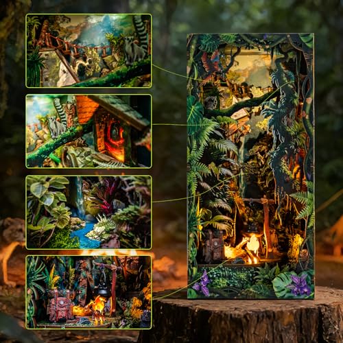 fifijoy Jungle Adventure DIY Book Nook Kit - 3D Wooden Puzzle Dollhouse Miniature House with LED Lights and Sound Effects, Jungle Explorer Bookshelf Insert Decor, Creative Gift for Adults and Teens - color: Jungle Adventure
