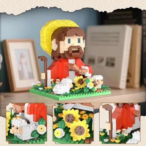 Vziimo Jesus and Flowers Building Set, Little Jesus Figurines with Sunflower, Sheep & LED Halo, Christian Toys Gifts for Adults, Teens Age 14+ (689 PCS) - style: Jesus