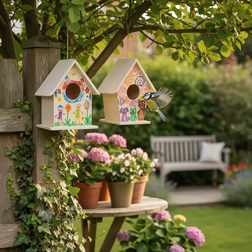 Jetec 6 Pieces Bird House Craft Wooden Birdhouse Kit Build and Paint Birdhouses Unfinished Bird Houses Wooden Arts for Summer Arts and Craft Projects 3 Sizes