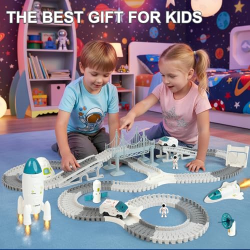 GIAT Race Car Tracks Set - Birthday Gift for 3 4 5 6 7 Year Old Boys, 290+ PCS Flexible Train Track Kit for Kids, Interactive Toy with Cars and Rocket - color: White Space Race Track Set