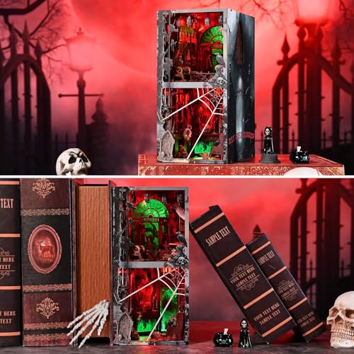 fifijoy Haunted Horror Book Nook Kit, DIY Miniature Dollhouse Halloween Booknook Kit, Spooky Creepy Scary 3D Wooden Puzzle Bookend Bookshelf Insert Decor with LED Light (Haunted Mansion) - color: Haunted Mansion