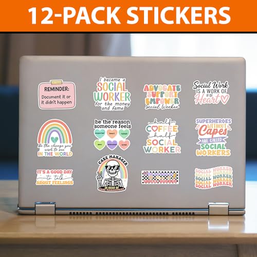 MAIANEY (12Pcs, 3in) Social Worker Sticker – Motivational Vinyl Decals for Mental Health Professionals – Waterproof UV-Resistant Stickers for Laptop, Water Bottle, Journal & Office Decor - color: Social