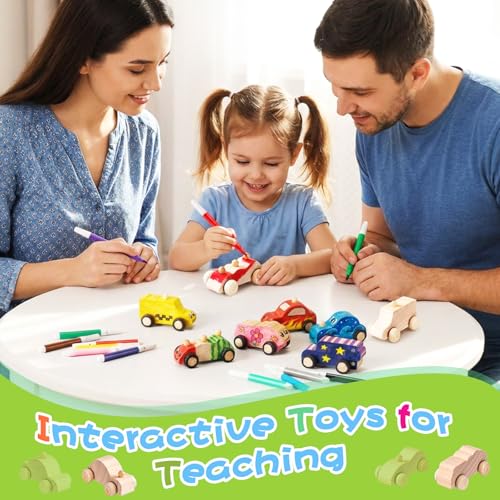 Leyndo 12 Pcs Unfinished Wood Cars to Paint Wooden Painting Crafts, DIY Car Toys with 12 Watercolor Pens & 12 Car Sticker Sheets for Kids Students Home Classroom Woodworking Family Art Activities