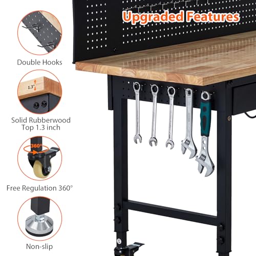 60 Inch Workbench with Drawer and Power Strip, Rubber Wood Top, Work Table - size: 60x22 Inch w/Drawer