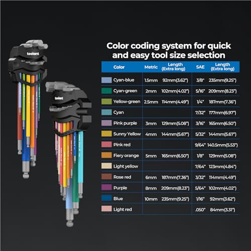 toolant Allen Wrenches Sets 22pcs(Metric&SAE), Extra Long Arm Allen Key Set with Ball End, Crafted Hex Key Set with Color Coded Sleeves, Unique Patented Holder Design for Magnetizing and Demagnetizing - size: 22PCS (Metric&SAE)