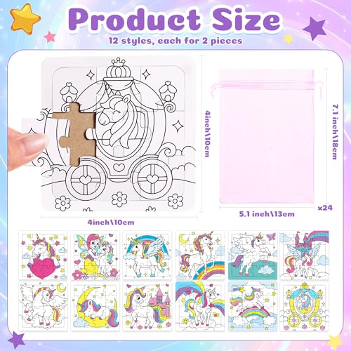 Blosssound 24 Pcs Coloring Puzzles 4 x 4 Inch Unicorn Crafts DIY Painting Gifts Rainbow Paper Puzzle Make Your Own Jigsaw for Educational Toy Girl Birthday Gift Activities Supplies - style: Unicorn