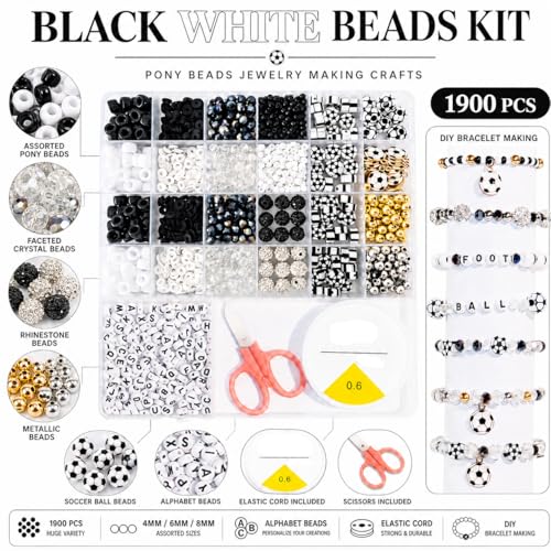 1900 PCS Black White Beads Jewelry Making Kit Pony Beads Jewelry Making Crafts(4mm, 6mm, 8mm) - color: Black White