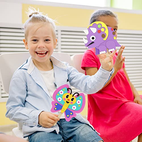 VKPI Make 6 Popstick Puppets Craft Kits for Kids, Foam Crafts, Story Time Toys for Ages 4+ Toddler, Dinosaurs, Butterfly, Preschool Projects Art Crafts, Birthday Holiday Gift - color: Dinosaur & Butterfly