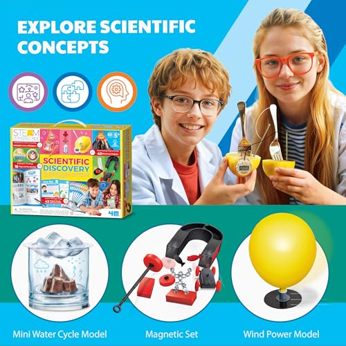 4M Scientific Discovery Kit for Kids Ages 8-12 – Over 50 STEM Experiments in Physics, Chemistry, Magnetism & Bubble Science, Build a Lemon Clock, Volcano, Magnetic Racer, Hover Disc, Educational Gift - style: Scientific Discovery