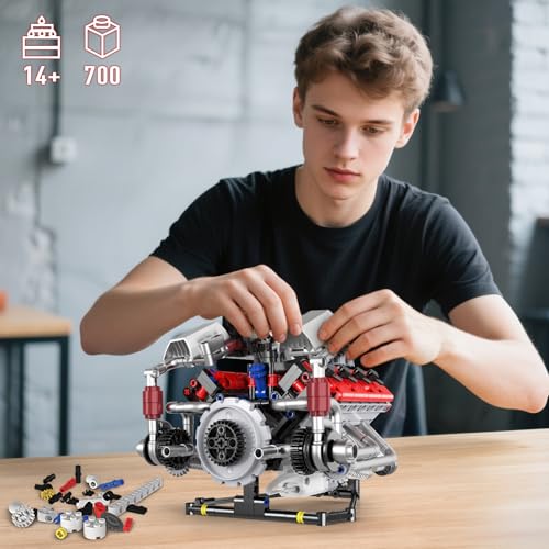 HIGH GODO Ideas V8 Engine Building Kit that Works, Build Your Own MOC Mini V8 Engine Model Toy for Display, STEM Toys Gifts for Teens Adults 14+ (700 PCS) - style: V8 Engine-C