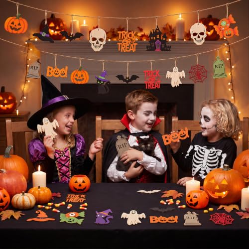 48 Pcs Halloween Ornaments to Paint, 12 Styles DIY Blank Unfinished Wood Slices Halloween Cutouts Ornament, Wooden Skull Pumpkin Ghost Bat Boo Trick or Treat Ornaments for Party Hanging - size: Halloween