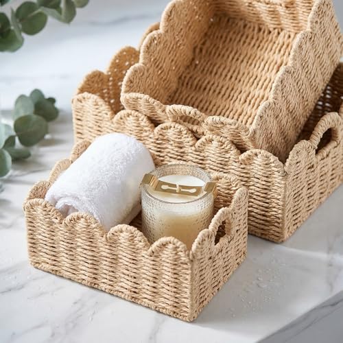 Scalloped Wicker Baskets Set of 3, Hand-Woven Storage with Handles - color: Beige