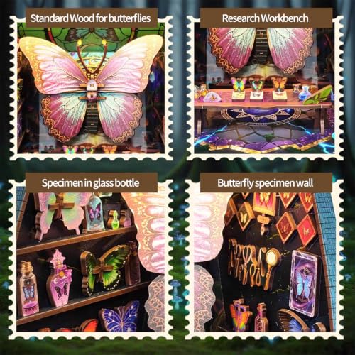 Music Park Book Nook for Adults, 3D Wooden Puzzle Butterfly Museum with LED - color: Butterfly Museum