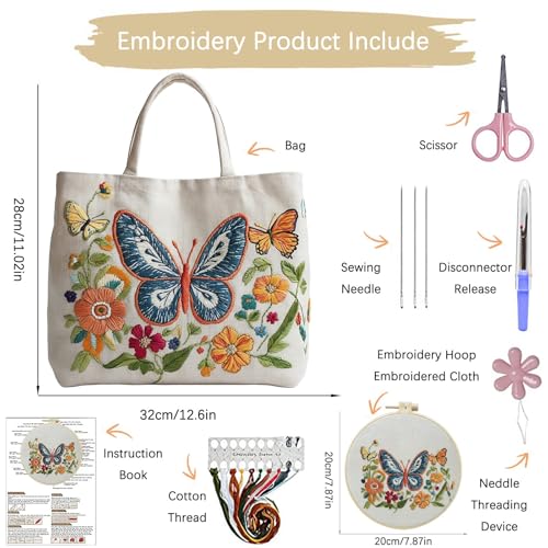 ARTopet 3Pcs Embroidery Tote Bag Kit for Beginners Butterfly Canvas Cross Stitch Handbag with Hoops Needles Threads Reusable Grocery Bag for Women - color: 3Pcs