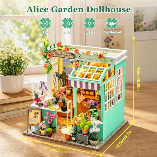 DIY Miniature House Kit, Alice Garden Tiny 3D Wooden House Making Set for Adults, Dollhouse Bookshelf Decor with Furniture & LED Lights, Christmas Birthday Greenhouse Craft Gift for Friend - color: Alice Garden