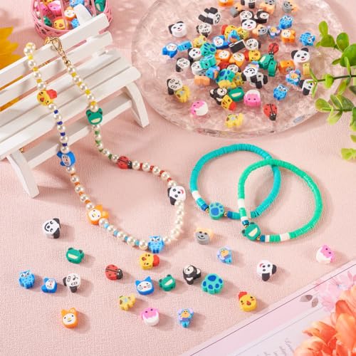 150Pcs Animal Theme Polymer Clay Beads - Dog, Cat, Panda, Frog, Elephant, Monkey, Owl, Chicken, Ladybug Clay Spacer Beads for DIY Necklace, Bracelet, Key Chain Jewelry Making - color: Animal Theme