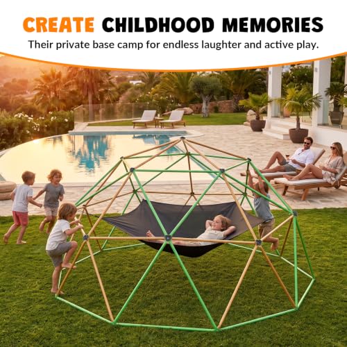 jumpfly 13FT Climbing Dome with Hammock and Swing, 6.9FT Extra Tall Jungle Gym for Backyard, Heavy Duty Dome Climber with Anti-Slip Textured Steel & 16 Grips, Outdoor Playset for Kids - color: Brown/Green