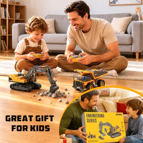 Remote Control Excavator and Dump Truck Toy Set for Kids, 2.4GHz RC Construction Vehicles with Light, Sound Effects, Metal Bucket, Claw and Drill Attachments, Engineering Truck Toys for Boys and Girls