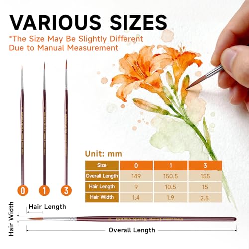 Golden Maple Kolinsky Sable Miniature Paint Brushes - Size 0, 1, 3 - size: 0 1 3 Round Point
