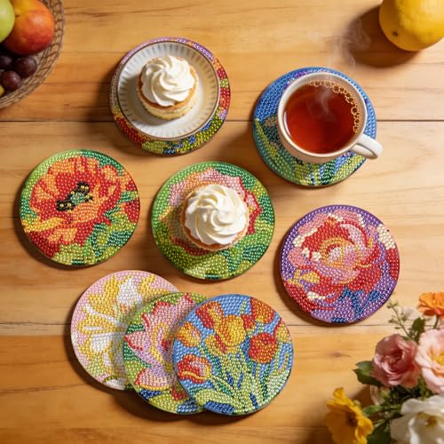 Leatrice 8 Pcs Diamond Art Coasters Small Diamond Painting Kits for Adults - color: AB Flower