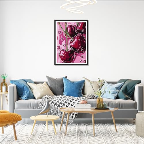 HEIBAGO Diamond Art Kits for Adults, Diamond Painting Kits Cherry for Adults Beginners, 5D Full Drill Round Diamond Art Painting, DIY Diamond Dots for Adult for Home Wall Decor Gift 12 x 16 Inch - color: Cherry