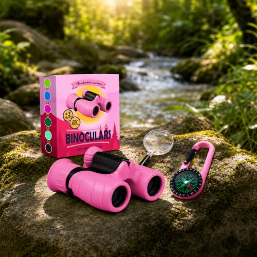 Binoculars for Kids – Perfect Toy for Little Boys and Girls – Extensive Set Incl. Magnifying Glass & Compass – Powerful Magnification 8X21 – 3 to 12 Year Old Kids for Toddler - color: Pink