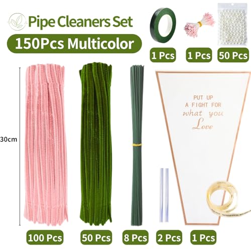 2-Color Pink Pipe Cleaner Flower Kit,150 Pcs Pipe Cleaners Craft - color: Dark Pink