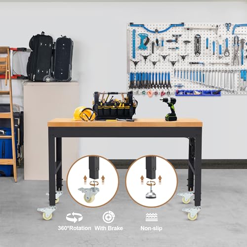 HABUTWAY Height Adjustable Workbench with Wheels 48" x 24" 2000 Lbs Capacity Solid Wood Work Station Heavy-Duty Rolling Work Tables for Garage Party Shop Office - size: 48"x24"x40.6"