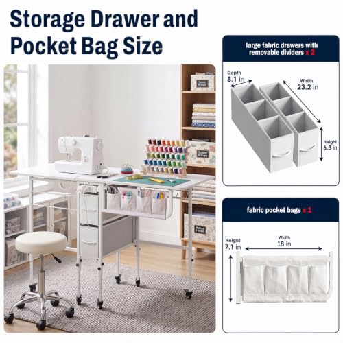 Furnaza 56.7" Foldable Wheeled Sewing Craft Table with Charging Station